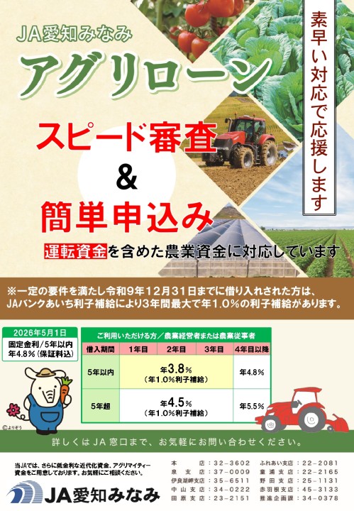 選べる2つの農業資金／みなみインフォ／JA愛知みなみJA愛知みなみ